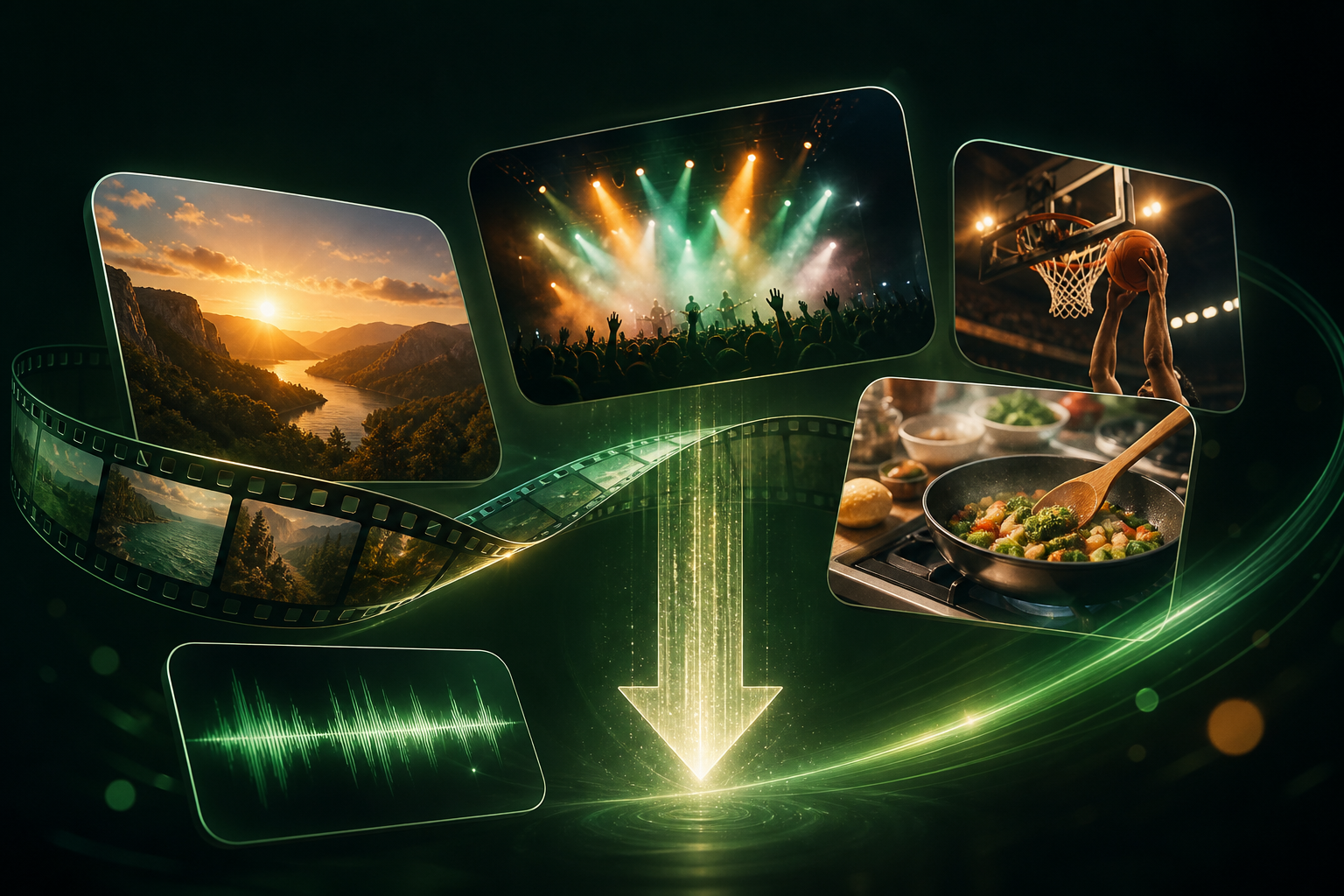 A collage of video, photo, and audio memories being downloaded.