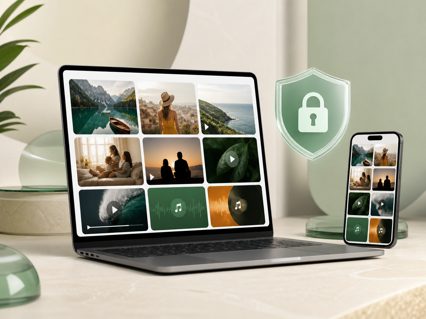 A laptop and phone displaying a private media library beside a lock shield.